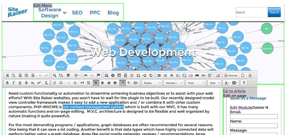 Site Raiser's PHP-MVCMS content management system on-page editing screenshot.